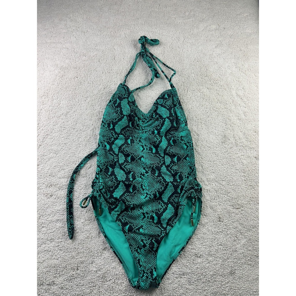 No Boundaries Swimsuit Womens Large Green Black Snake Print Halter One Piece Tie